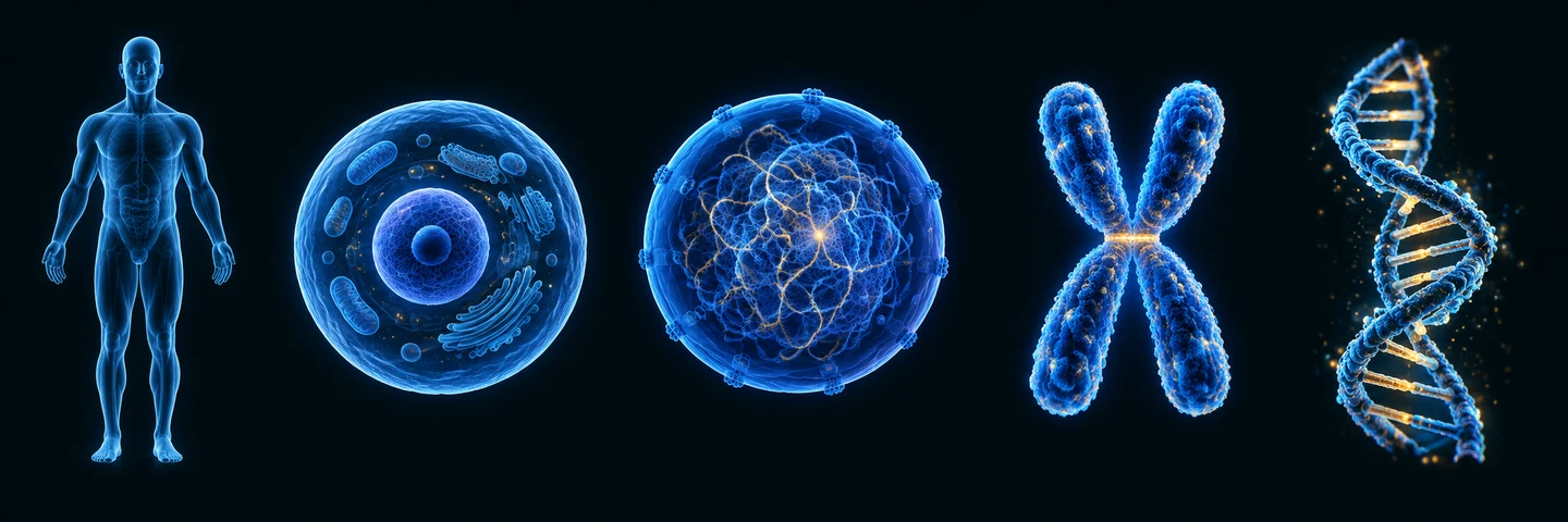 Humain → cellule → noyau → chromosome condensé → ADN. Échelles non respectées.