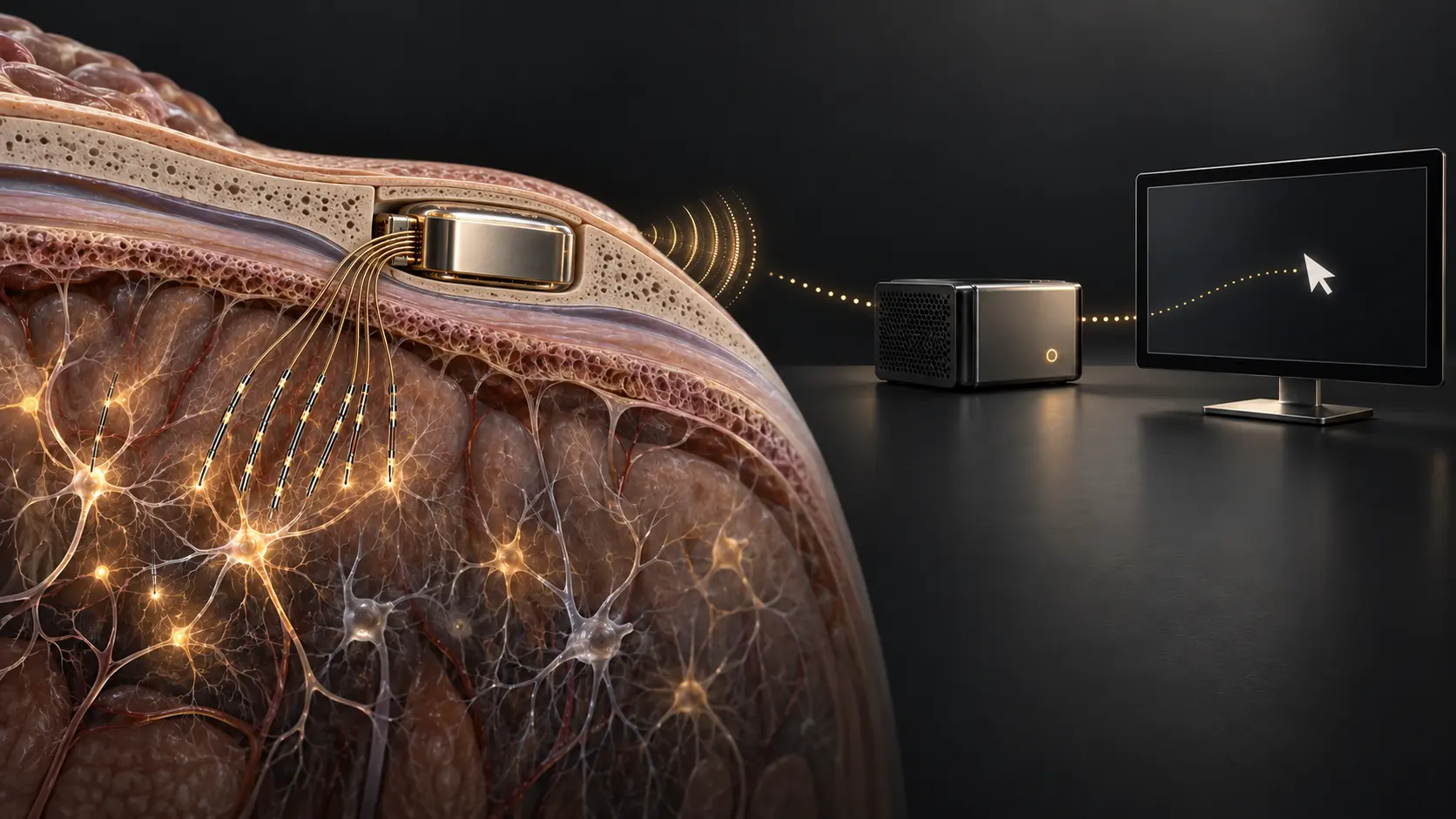 Recorrido conceptual desde la captación neuronal hasta la electrónica y el control de un cursor.