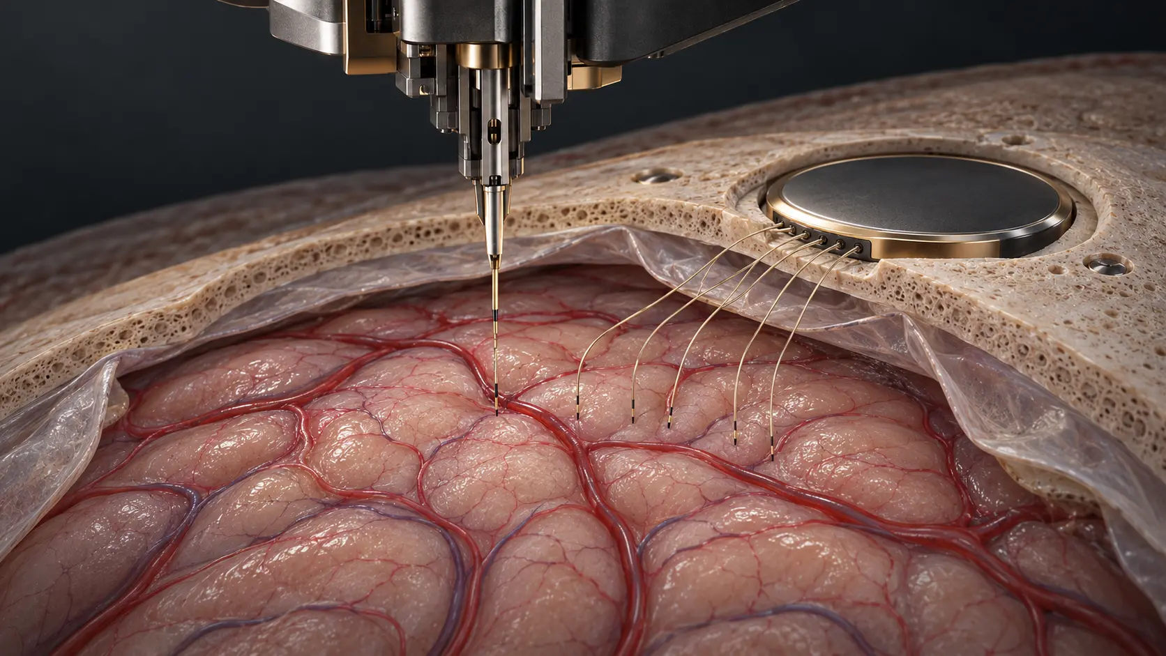 Ilustración conceptual de una interfaz cerebral implantada; no es una representación médica exacta.